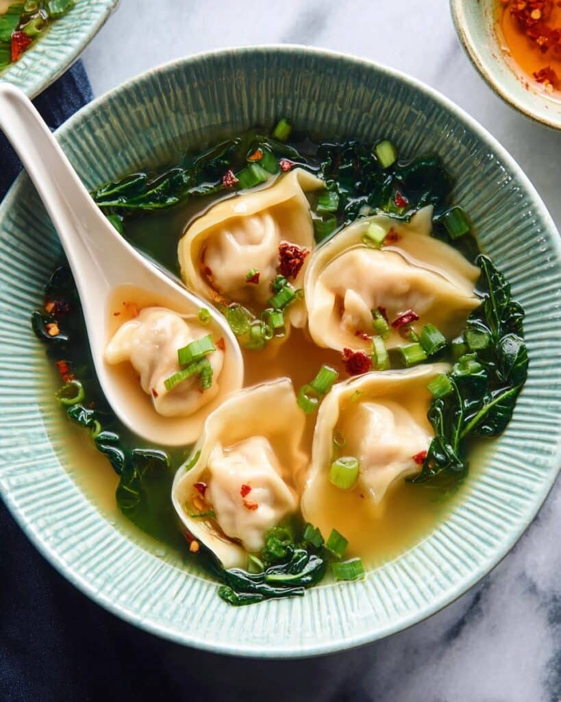 Homemade Shrimp Wonton Soup with Kale and Ginger Broth Recipe