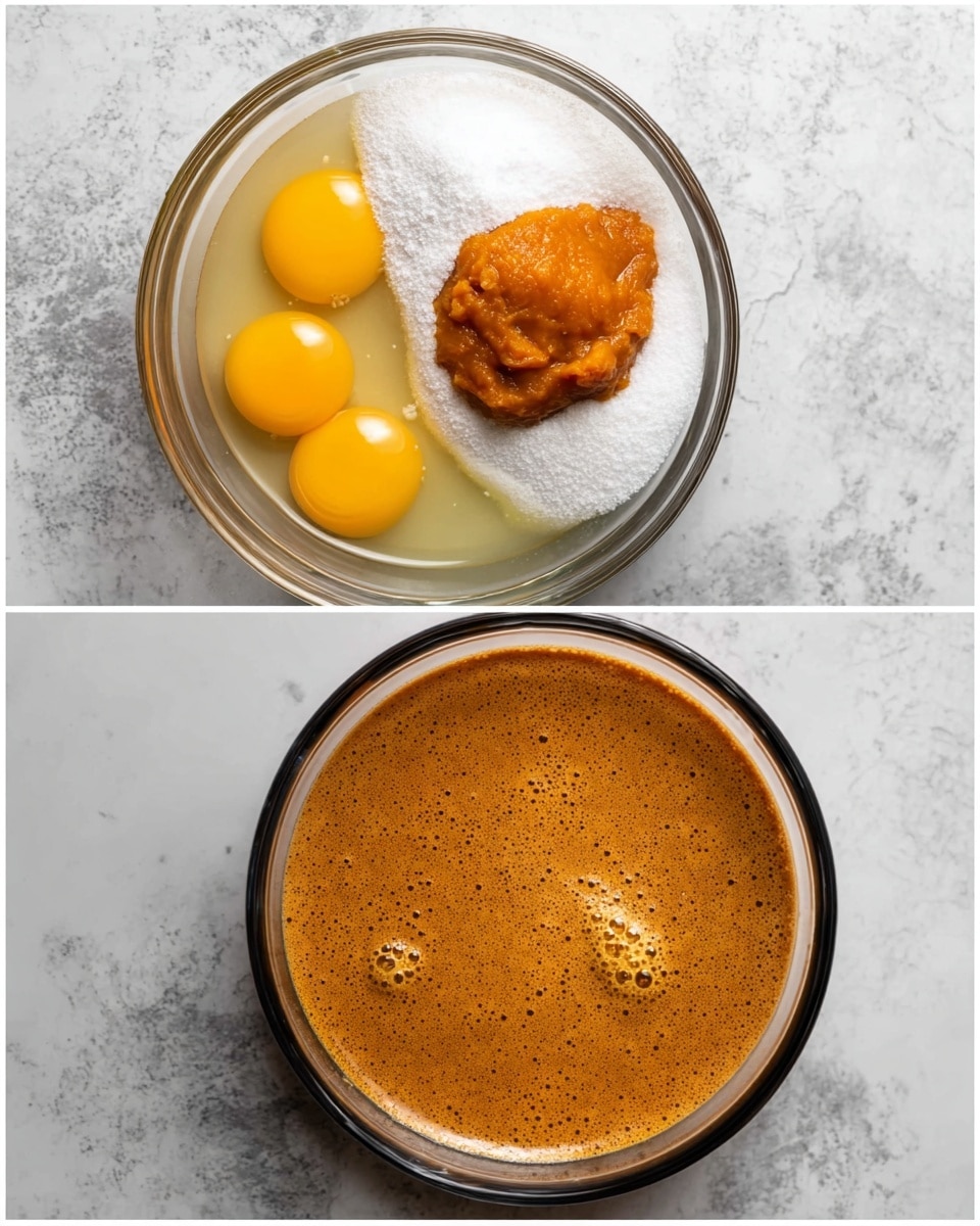Two clear glass bowls on a white marbled surface show a baking process. On the left, the first bowl holds three raw egg yolks with surrounding egg whites, a large pile of white sugar to the right, and a dollop of thick orange pumpkin puree with a slight texture in the center. On the right, the second bowl shows the same ingredients mixed into a smooth light brown batter with tiny bubbles on the surface. Both bowls have black rims and are viewed from above. Photo taken with an iphone --ar 4:5 --v 7