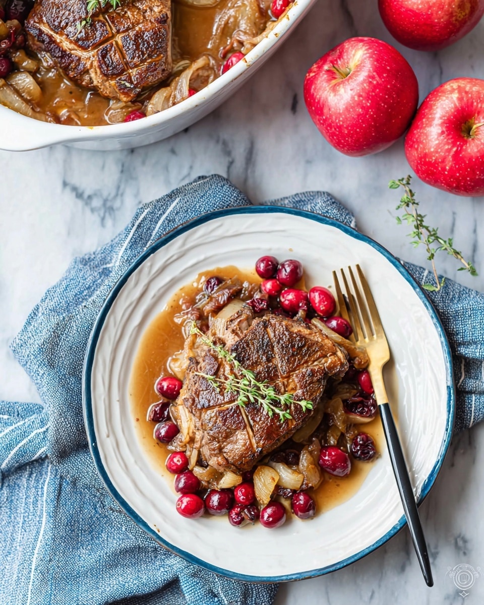 A white plate with a blue rim holds a thick cooked piece of meat with a crosshatch pattern on top, garnished with a fresh green herb. Underneath and around the meat is a layer of cooked onions and bright red cranberries in a light brown sauce. On the right side of the plate, a gold spoon and fork with black handles rest on the plate edge. Nearby, a white baking dish contains a similar cooked meat piece with onions and cranberries in sauce. Two shiny red apples sit beside a blue and white striped cloth on a white marbled surface. photo taken with an iphone --ar 4:5 --v 7