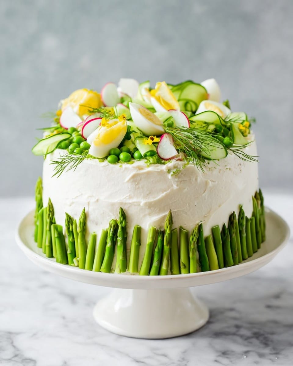 The image shows a sandwich with three thick round layers of white bread. The bottom layer is topped with a textured brown filling mixed with small green herb bits. The middle bread layer separates this from a chunky yellow filling with visible small pieces of vegetable or herbs. The top bread layer is plain and smooth with a soft white crumb texture. The sandwich sits on white wax paper placed on a white cake stand, with a white marbled surface in the background. Photo taken with an iphone --ar 4:5 --v 7