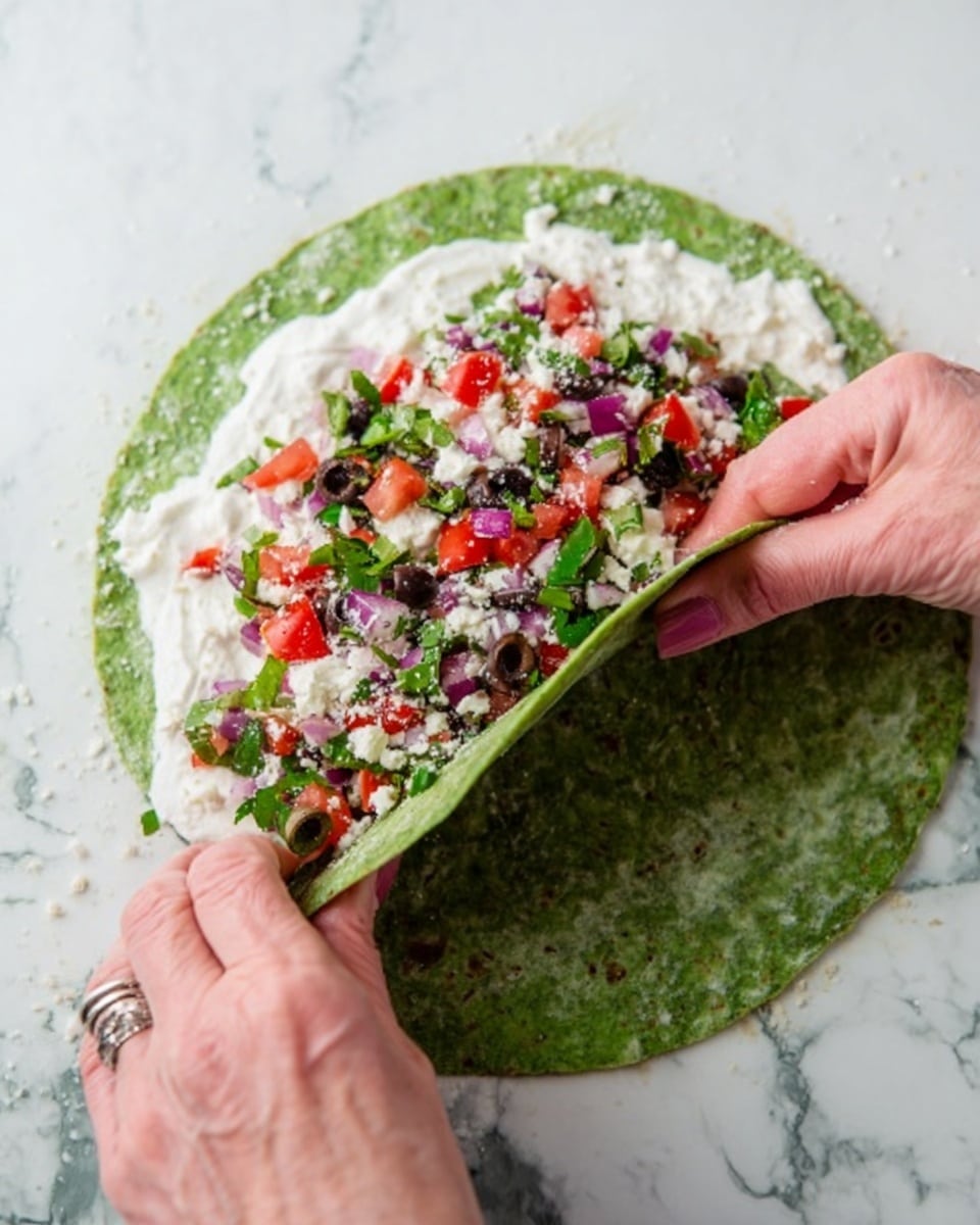 A green spinach tortilla is laid flat on a white marbled surface, with a thick white creamy spread covering most of the visible top surface. Over the cream layer, there is a colorful mix of chopped red tomatoes, purple onions, black olives, green herbs, and small bits of white cheese scattered evenly. A woman's hand with silver rings is gently folding the tortilla from the bottom edge towards the center, showing the beginning of a roll. The vibrant colors of the fresh ingredients contrast nicely with the green tortilla and white cream, creating a fresh and appetizing look photo taken with an iphone --ar 4:5 --v 7