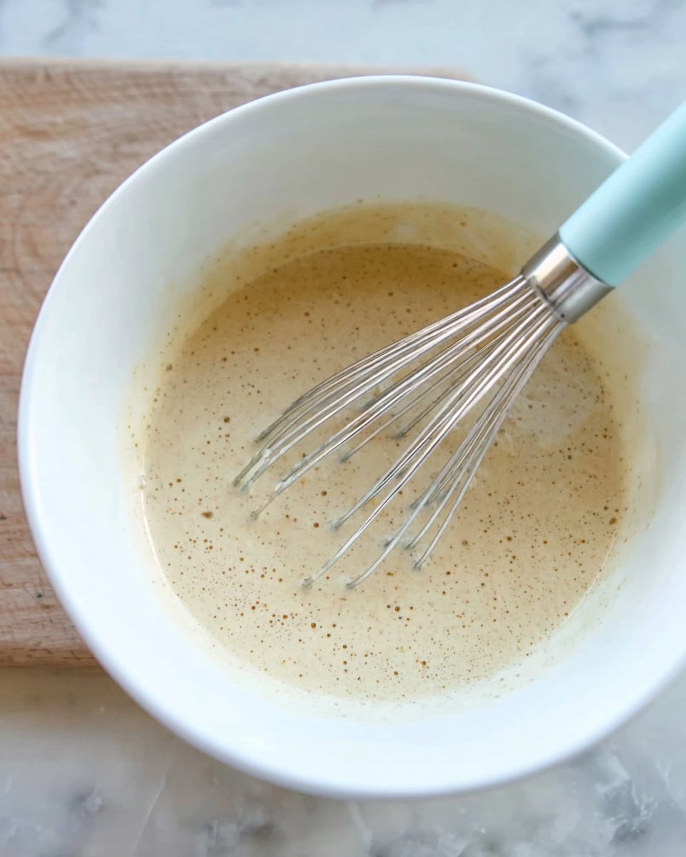 A white bowl holds a light beige batter with small bubbles on its surface, showing a smooth, slightly thick texture. Inside the bowl, a metal whisk with a light blue handle rests, partially covered in the batter. The bowl is placed on a white marbled surface visible in the background. photo taken with an iphone --ar 4:5 --v 7