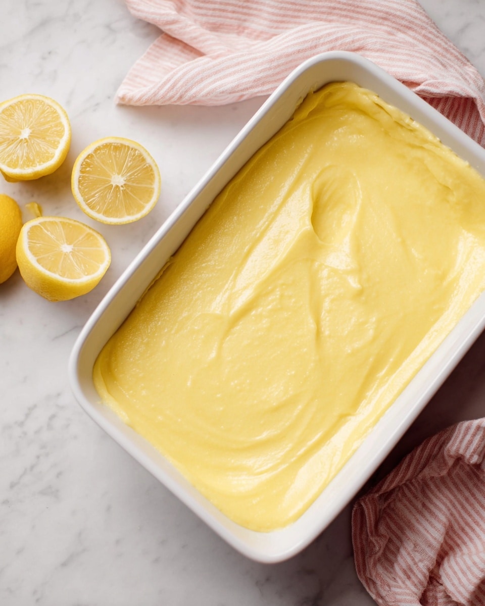 A smooth, bright yellow lemon dessert layer fills a white rectangular dish, spread evenly with slight swirls visible on the surface. On the left, there are three lemon halves placed on a white marbled surface near a soft, pink-striped cloth. The scene is lit softly, showing the creamy texture of the dessert and the fresh, juicy look of the lemon halves. photo taken with an iphone --ar 4:5 --v 7