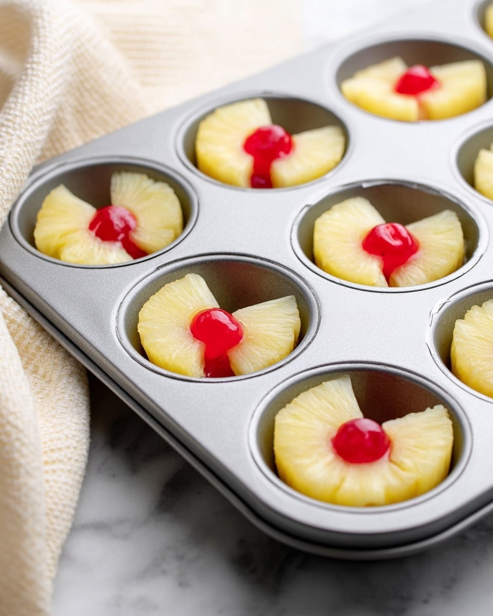 A grey muffin tray filled with round wells, each containing a layer of two yellow pineapple slices arranged in a fan shape, positioned around a single bright red maraschino cherry at the center. The tray sits on a white marbled surface with a cream-colored cloth gently draped in the upper left corner. The pineapple slices have a juicy texture, and the cherries have a glossy finish, highlighting their vibrant colors. Photo taken with an iphone --ar 4:5 --v 7