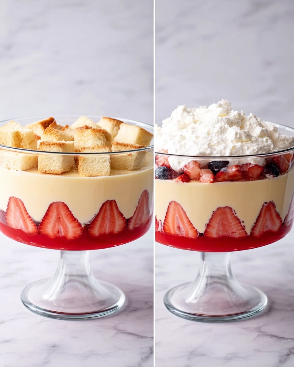 The dessert is shown in a clear glass bowl with a base on a white marbled surface and white marbled background. It has four visible layers: the bottom layer is bright red jelly with sliced strawberries standing vertically around the edge, the second layer is creamy pale yellow custard above the jelly, the third layer is light golden cake cubes placed on top of the custard, and the fourth layer is thick, fluffy white whipped cream with visible texture covering the top, with some pieces of berries and cake mixed just below the cream. photo taken with an iphone --ar 4:5 --v 7