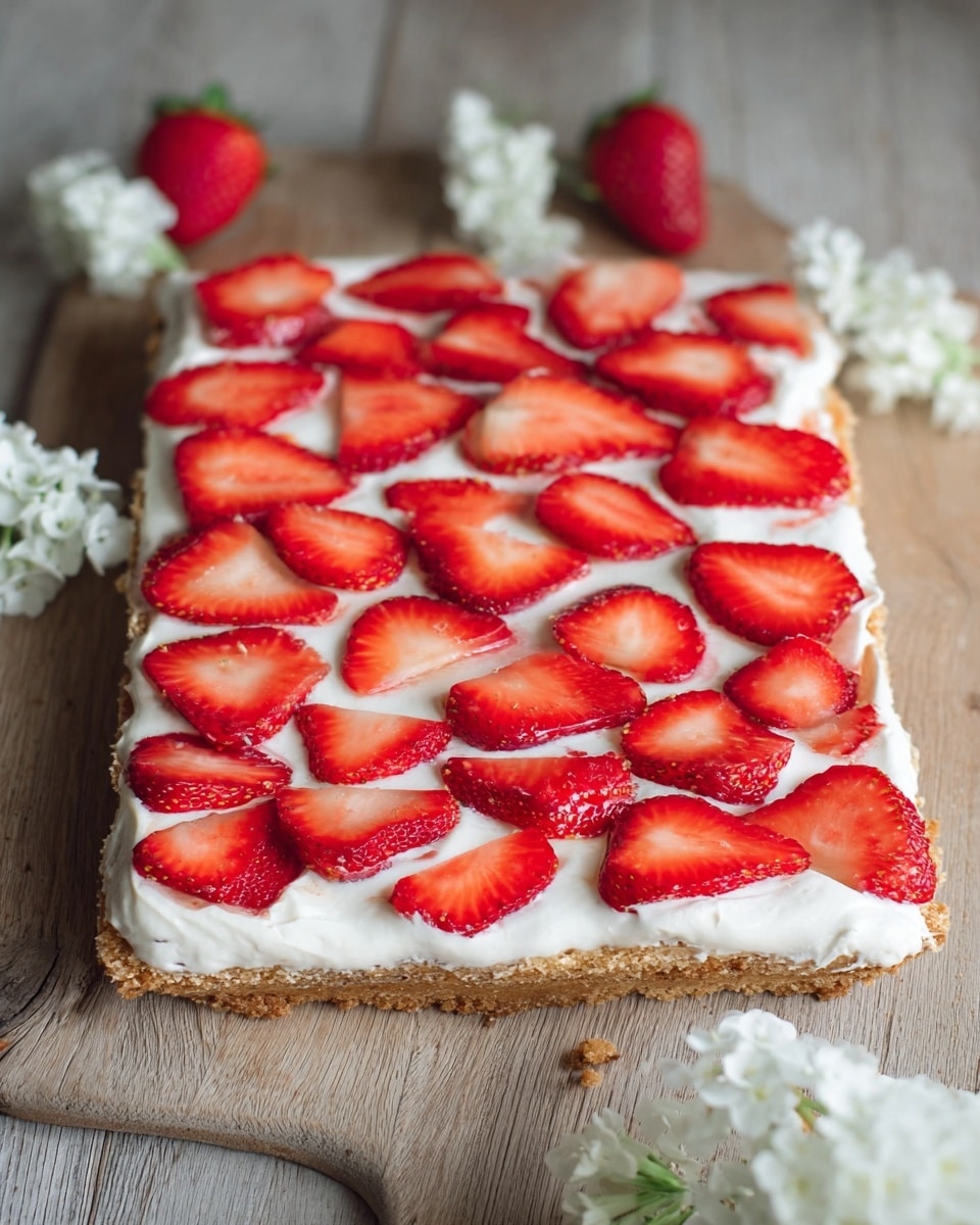 A square-shaped dessert with a golden brown base layer that looks crisp around the edges, spread evenly with a thick, white creamy layer on top. On this creamy layer, bright red strawberry slices are scattered in a close, overlapping pattern, showing their juicy texture and seeds. White flowers surround the dessert on a wooden surface, contrasting softly. The photo taken with an iphone --ar 4:5 --v 7