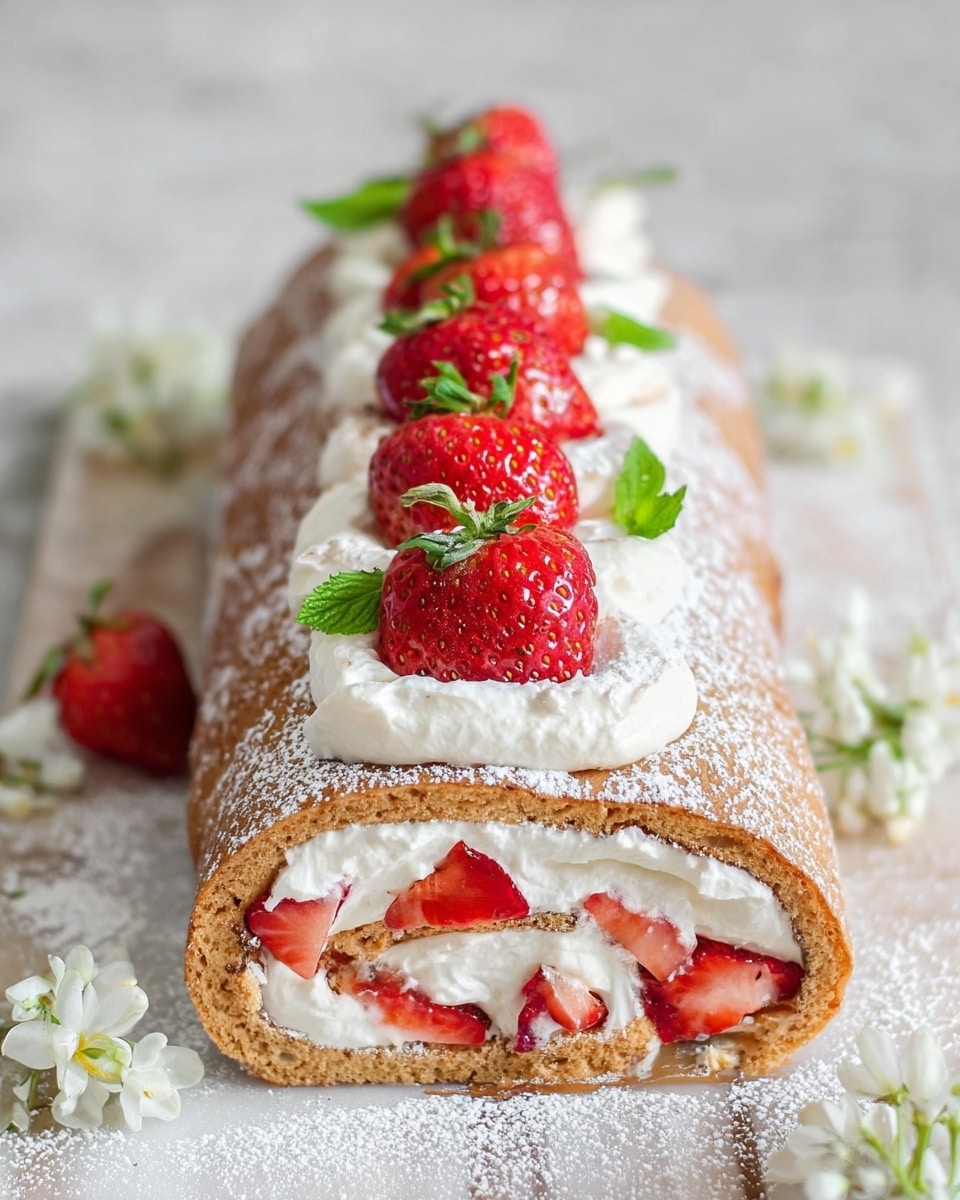 A long rolled cake lays on a wooden tray dusted with powdered sugar, topped with a thick layer of white cream that looks soft and fluffy. On top of the cream, there are whole red strawberries arranged in two rows with fresh green leaves scattered in between for color contrast. The cake itself is light brown and fluffy, with visible layers of cream and sliced strawberries peeking out from the ends. Around the tray, white flowers with green stems add a fresh and delicate touch to the presentation. Photo taken with an iphone --ar 4:5 --v 7