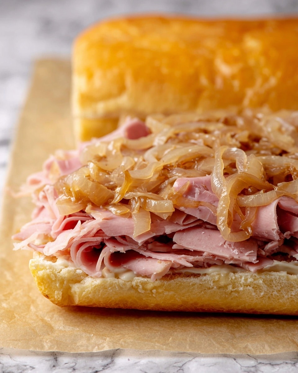 The image shows a sandwich with three visible layers on a sheet of parchment paper over a white marbled surface. The bottom layer is soft, golden-brown sandwich bread, flat and split into three sections. The middle layer is a thick pile of thinly sliced, light pink deli meat, slightly uneven and loosely placed. On top is a generous layer of glossy, light golden-brown caramelized onions with a soft texture, covering the meat fully. The sandwich top bun, matching the bottom in color and texture, rests in the background, ready to be placed on the sandwich. Photo taken with an iphone --ar 4:5 --v 7