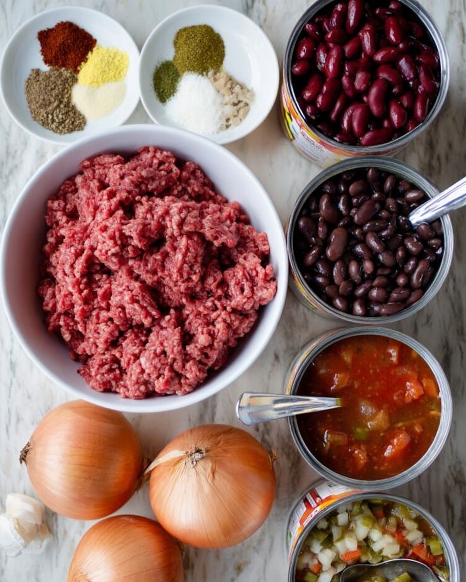 The image shows a white bowl full of raw red ground meat, placed on a white marbled surface. Next to the bowl are three peeled light brown onions and three garlic cloves at the bottom left. Above the onions, a small white plate holds a mix of different powdered spices in brown, yellow, green, and white colors. To the right, three open cans show red kidney beans in a clear glass bowl above, dark black beans in another clear glass bowl below, and a mixture of chopped vegetables in broth inside one can, with red tomato sauce in the other two cans. Two silver spoons rest inside two of the cans. Photo taken with an iphone --ar 4:5 --v 7