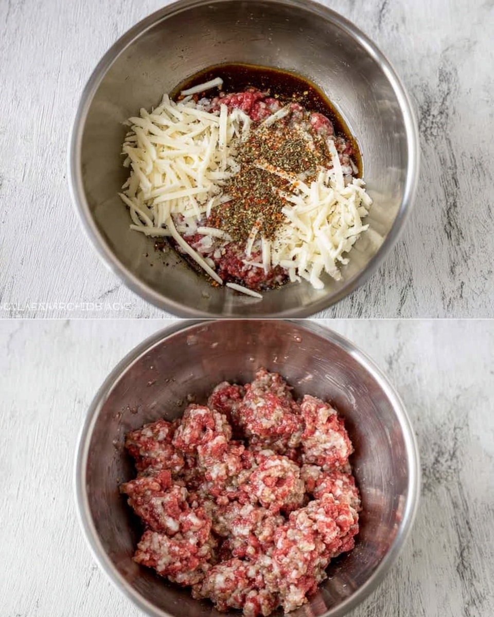 The image shows two metal mixing bowls placed on a white marbled surface. The bowl on the left has three main layers: a bottom layer of red raw ground meat, a middle layer of white shredded cheese scattered around, and a top layer that includes a splash of dark sauce and a multicolored spice mix sprinkled over the cheese and meat. The bowl on the right shows the mixture after being combined, with a uniform texture of pinkish-red meat blended with white bits evenly spread throughout. photo taken with an iphone --ar 4:5 --v 7
