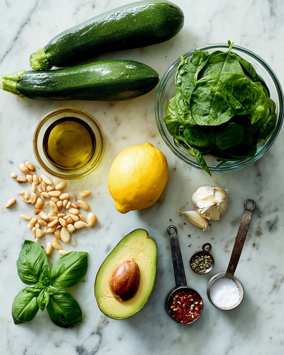 A clear food processor bowl contains three halved avocados with a bright green color and smooth texture, a bunch of fresh green cilantro with visible stems, a drizzle of golden olive oil pooling at the bottom, and several pinches of black pepper scattered on the ingredients; the blade is white plastic in the center. The next layer shows the food processor bowl filled with a creamy, mashed avocado mixture, light green in color with a slightly chunky texture spread evenly around the blades. The final layer has a metal bowl filled with spiral-shaped pale green zucchini noodles covered in a thick, creamy, bright green avocado sauce, with two blue silicone spatulas resting on the side. The background and surface are white marbled texture photo taken with an iphone --ar 4:5 --v 7