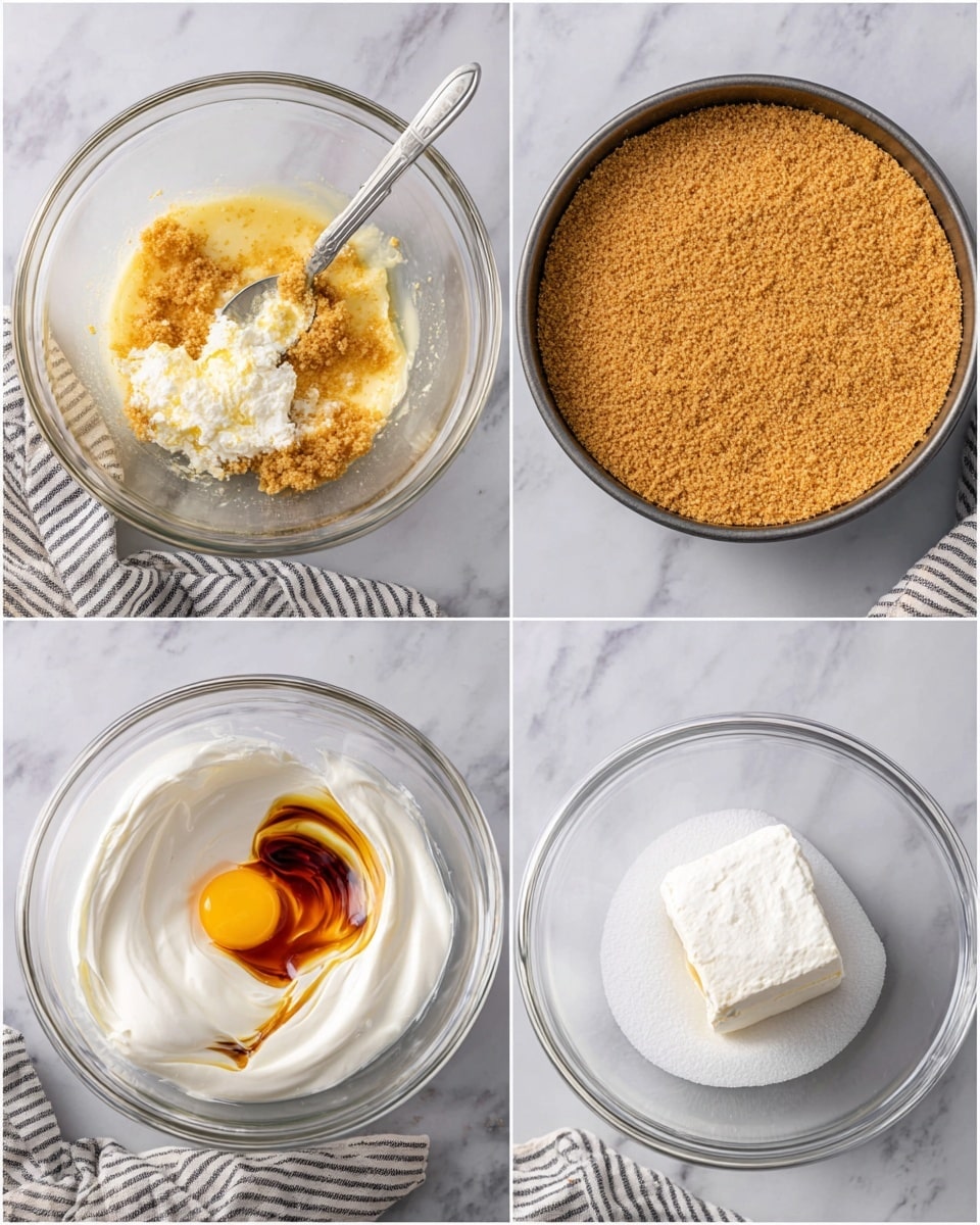 A collage of four images shows the steps of making a dessert. The top left image has a clear glass bowl with light golden crumbs mixed with melted butter, stirred by a silver spoon. The top right image shows a springform pan with an evenly pressed light brown crumb crust. The bottom left image features a clear glass bowl containing white thick yogurt or cream, a raw egg yolk, and dark vanilla extract swirled together. The bottom right image shows a clear glass bowl with white sugar, a block of white cream cheese, and a dollop of whipped cream. The background is a white marbled surface with a folded striped cloth placed near the bowls and pan. Photo taken with an iphone --ar 4:5 --v 7