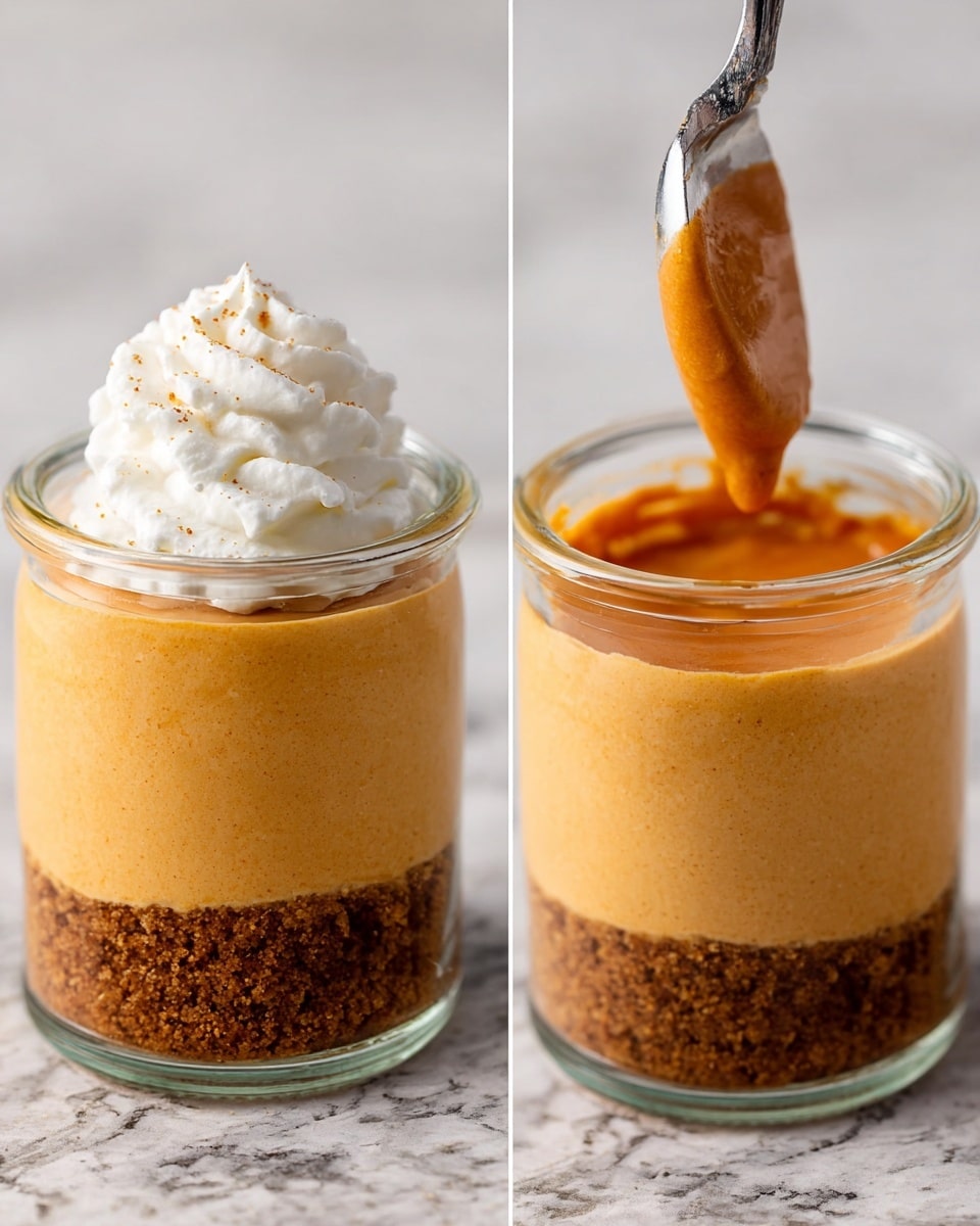 The image shows a small clear glass jar filled with three layers of dessert. The bottom layer is a crumbly brown crust. The middle layer is a thick, smooth, orange mousse filling most of the jar. On top of the mousse, a swirl of white whipped cream is being piped. The jar sits on a surface with a white marbled texture. photo taken with an iphone --ar 4:5 --v 7