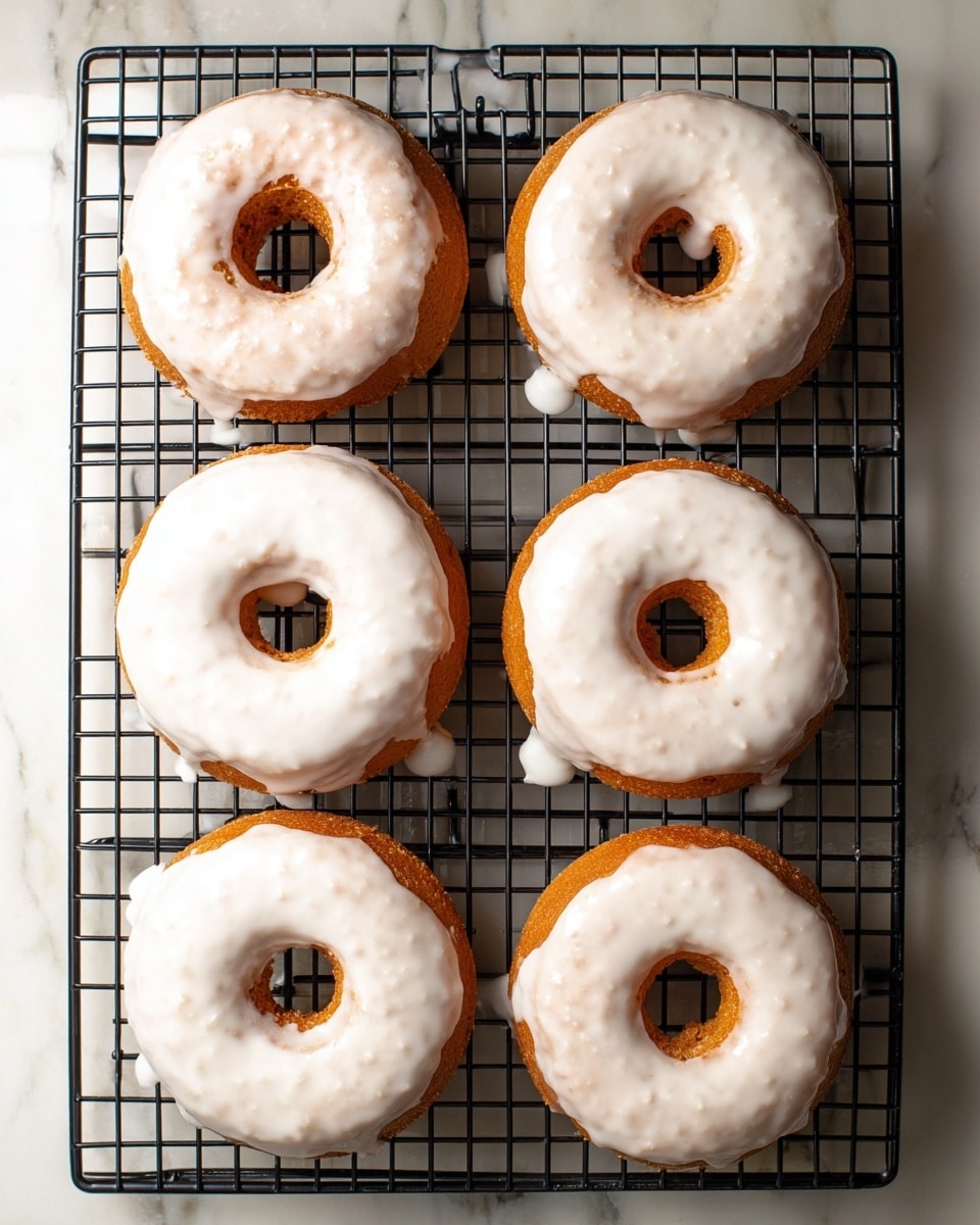 Three golden brown donuts sit inside a dark donut pan positioned on the top left of the image, each donut showing a slightly cracked texture on top. On the right, one donut covered in a light cinnamon sugar coating rests on a white plate. Below the donut pan, a small white bowl holds a light yellow glaze with a white brush resting in it, bristles dipped in the glaze. Next to the bowl is a larger white plate filled with a light brown cinnamon sugar mix, swirled with a visible pattern. The whole arrangement is placed on a white marbled surface. Photo taken with an iphone --ar 4:5 --v 7