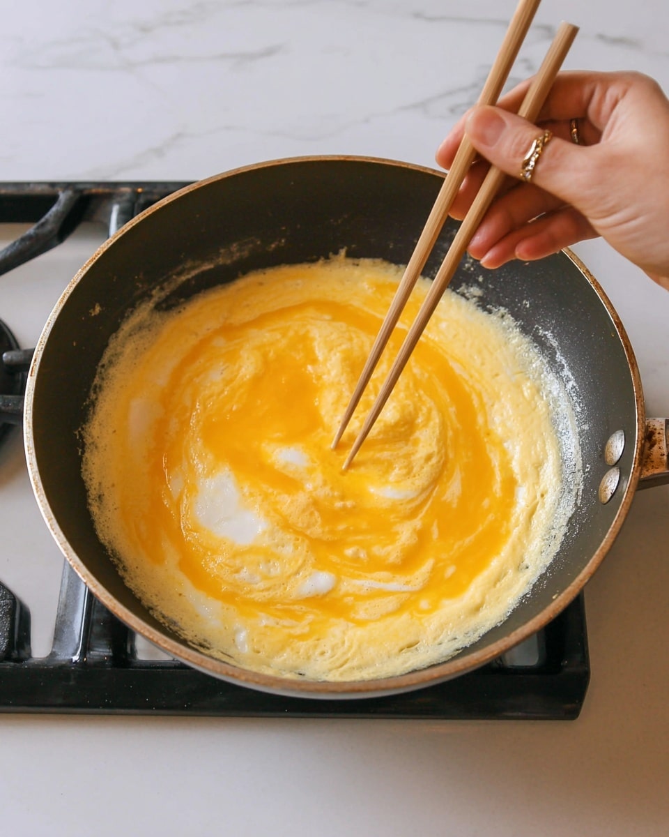 A close-up view of a single thin layer of pale yellow and bright orange egg mixture cooking in a dark frying pan on a white stove. A woman's hand with a gold ring is holding light wooden chopsticks, stirring the center of the egg, creating soft folds and swirls in the mixture. The background features a white marbled texture, and the black stove grates frame the pan. photo taken with an iphone --ar 4:5 --v 7