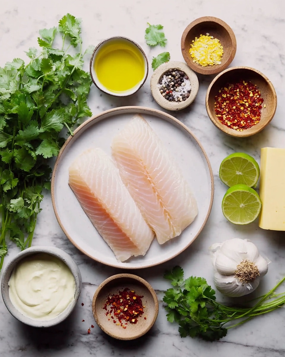 Two raw white fish fillets with a soft pink tone lie side by side in a shallow round white plate at the center. Around the plate are small white bowls with red chili flakes, mixed spices, and yellow olive oil. A small wooden bowl holds coarse salt and black pepper next to the plate. Four lime wedges and three garlic cloves are placed near the bowls. Fresh green cilantro leaves and a small block of yellow butter rest on the white marbled surface around the fish. In the lower left corner, there is a small white bowl with creamy white sauce. photo taken with an iphone --ar 4:5 --v 7