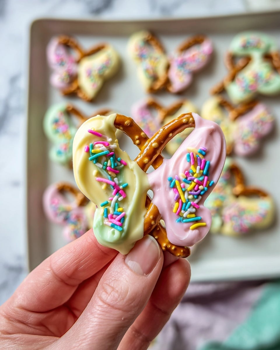 A close-up of a twisted pretzel candy shaped like a butterfly, held by a woman's hand at the bottom center of the image. The butterfly has three main parts: the body is coated in smooth pale yellow chocolate, the left wing covered with light green frosting and colorful long sprinkles, and the right wing covered with light pink frosting and the same type of sprinkles. The background shows a white tray on a white marbled surface, filled with more pretzel butterflies decorated in pastel green and pink frosting with colorful sprinkles, all arranged in rows. photo taken with an iphone --ar 4:5 --v 7