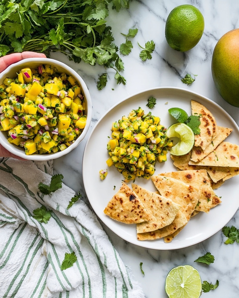 A white bowl holds a mix of small diced yellow mango, green avocado, purple onion, and green herbs, creating a colorful fresh salsa. Two lime wedges rest on the edge of the bowl, and a silver spoon is partially submerged in the salsa. A woman's hand is holding a light tan triangular tortilla chip scooping some salsa above the bowl. In the background, there is another white bowl filled with more light tan tortilla chips, lime wedges, and some green leafy herbs, all set on a white marbled surface with a green and white striped cloth nearby. photo taken with an iphone --ar 4:5 --v 7