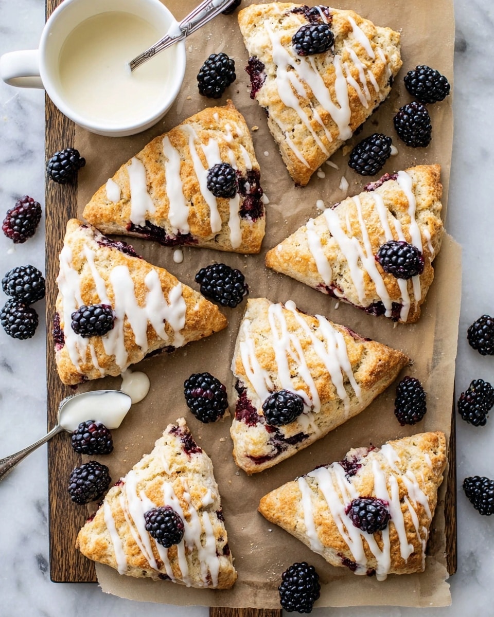 A round blackberry scone with a rough, crumbly texture sits on a white marbled surface. The scone is divided into eight triangular pieces, showing a pale golden dough speckled with dark purple-black blackberries that are both whole and partially pressed into the dough, spreading some purple juice. A knife is cutting through one of the slices, its blade visible in the center. The scone's top is uneven, with blackberries popping out from the dough edges and the inside layers. Photo taken with an iphone --ar 4:5 --v 7