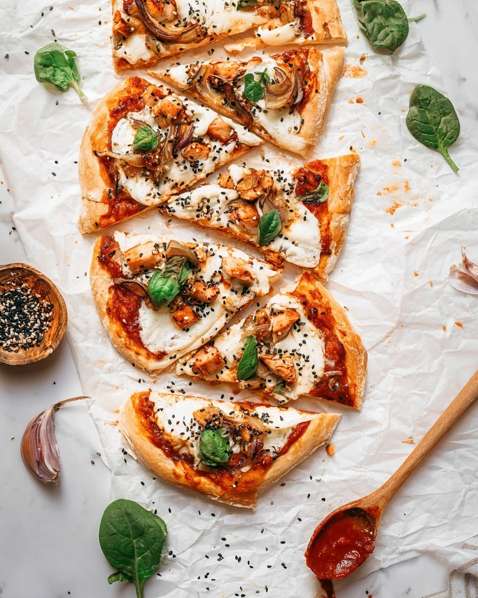 A pizza cut into six slices laid on crumpled white paper over a white marbled surface, each slice showing a golden-brown crust base topped with a bright red tomato sauce layer, a thick creamy white mozzarella cheese layer, scattered pieces of light brown cooked chicken, caramelized tan onions, and fresh bright green basil leaves. Black and white sesame seeds are sprinkled over the cheese and toppings. Around the pizza, a spoon with red sauce and a wooden spoon with mixed black and white seeds rest on the white marbled surface, along with loose spinach leaves and small pieces of onions, showing a fresh and rustic presentation. photo taken with an iphone --ar 4:5 --v 7