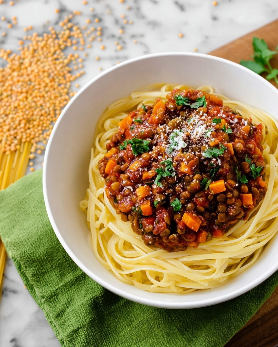 A white bowl holds a serving of spaghetti pasta as the bottom layer, soft and pale yellow with a smooth texture and long, thin strands lying loosely. On top is a thick layer of lentil and vegetable sauce with deep red and brown tones, dotted with orange carrot pieces and green parsley leaves scattered throughout. The sauce looks chunky with a mix of lentils and sauce bits, sprinkled lightly with white grated cheese. The bowl is set on a green cloth napkin on a white marbled surface, with uncooked spaghetti and dry lentils nearby. photo taken with an iphone --ar 4:5 --v 7