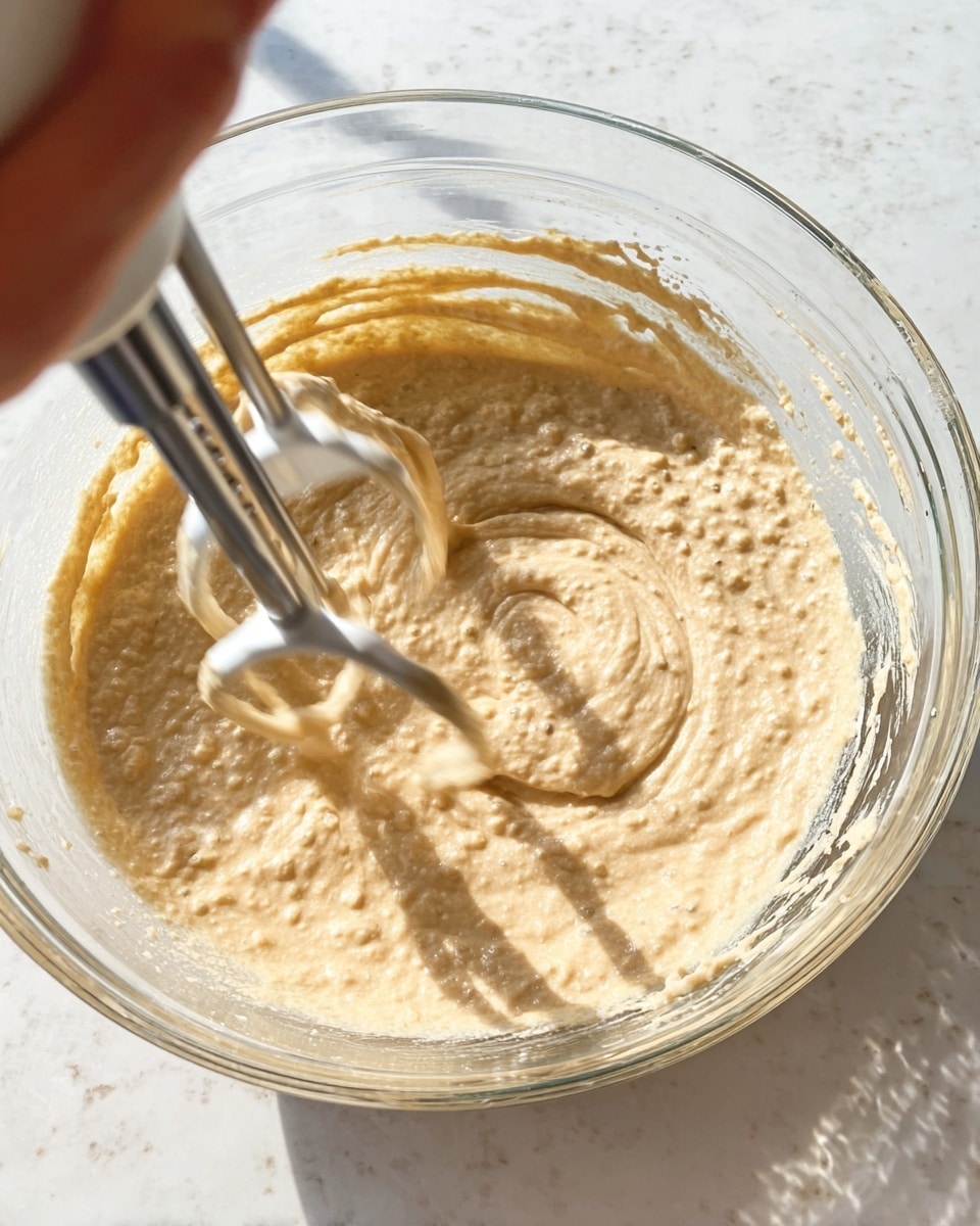 A clear glass bowl filled with thick, beige batter that has small lumps and a creamy texture is being mixed by a handheld mixer with two metal beaters spinning fast in the center, creating swirling patterns and splashes of batter around the edges; a woman's hand holds the bowl steady from the bottom left corner, and the bowl rests on a white marbled surface, bright natural light softly illuminating the scene photo taken with an iphone --ar 4:5 --v 7