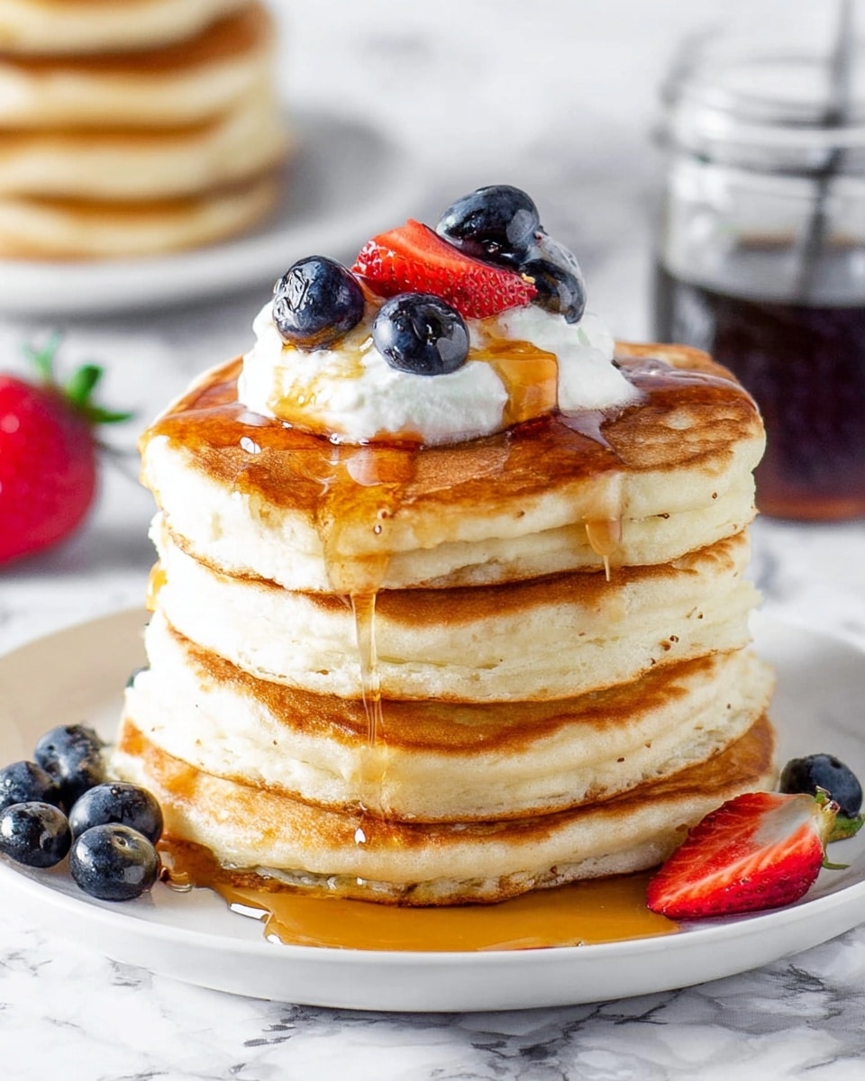 A stack of five thick pancakes with a light golden brown color sits in the center of a white plate on a white marbled surface. A dollop of white cream is on top of the stack, with three blueberries and one sliced red strawberry placed on the cream. Honey syrup is dripping down the sides of the pancakes, pooling on the plate. More blueberries and a small strawberry piece lie on the plate beside the pancakes. In the blurred background, there is a jar of dark syrup and another stack of pancakes. photo taken with an iphone --ar 4:5 --v 7