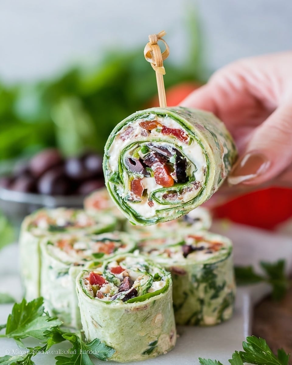 A woman's hand holds a green spinach wrap pinwheel with a wooden pick through it, showing one thick roll. The roll has layers of light green spinach wrap outside, white creamy cheese inside mixed with small chunks of red tomato, dark olives, and chopped green spinach or herbs. Below, more pinwheels with the same layers are placed on a white marbled surface and garnished with green leafy parsley. The background includes blurred green leaves, a red tomato, and a bowl of black olives. photo taken with an iphone --ar 4:5 --v 7