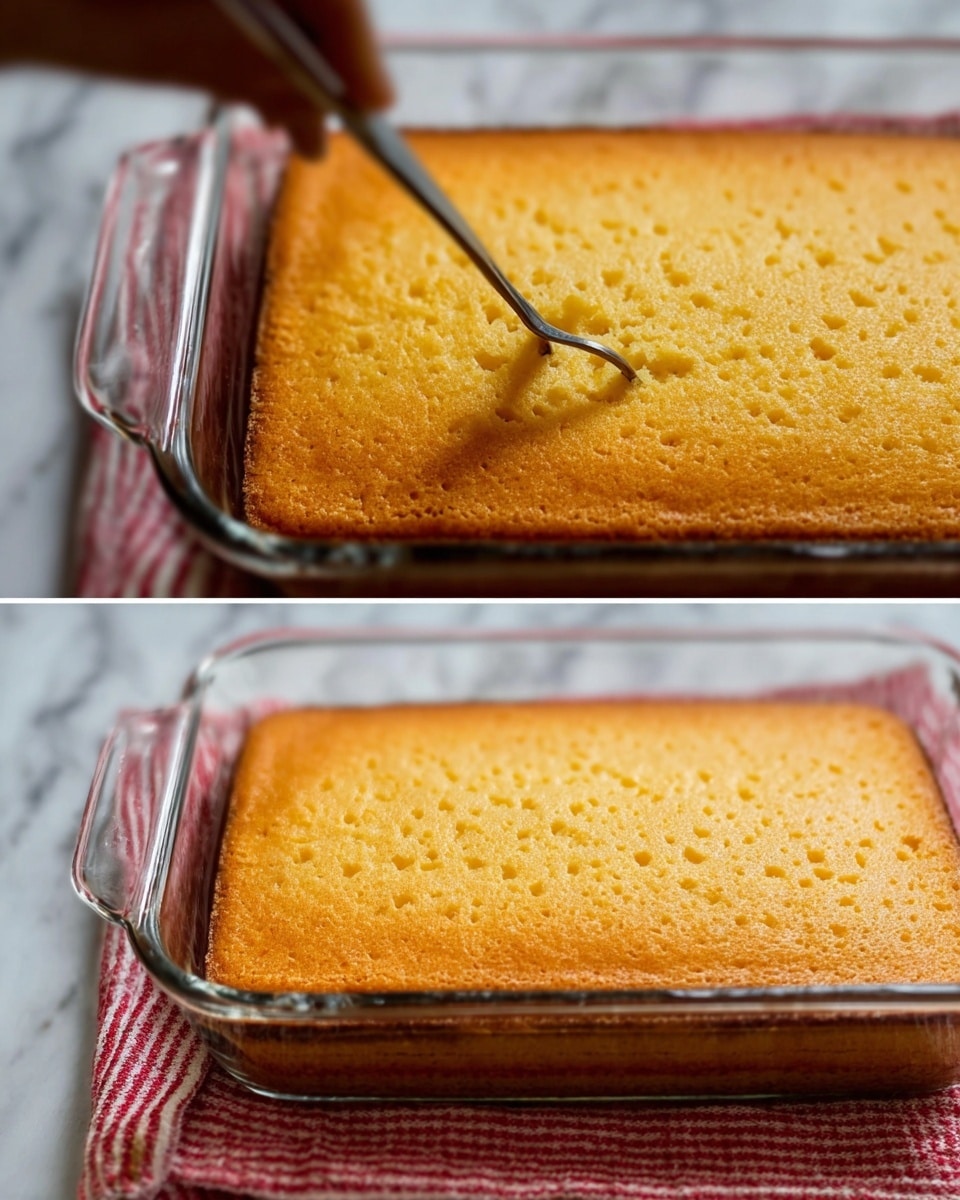 The image shows a rectangular golden-brown cake in a clear glass baking dish placed on a white marbled surface with a red and white cloth underneath. The cake has a soft texture with many small holes on the top surface, created by a fork held by a woman's hand gently poking the cake. The cake appears evenly baked, with a slightly darker edge around the baking dish. The background is softly blurred, keeping focus on the cake and the fork. photo taken with an iphone --ar 4:5 --v 7