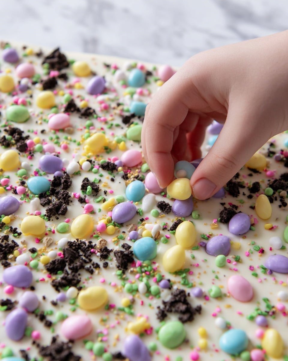 A white flat base layer covered evenly with small pastel-colored candy pieces in colors like yellow, purple, blue, and green, along with scattered dark crumbly chunks and tiny colorful sprinkles in pink, green, and blue. Above this, a young woman's hand is holding and placing more pastel candy pieces onto the base, seen close to the top right part of the image. The entire scene is placed on a white marbled surface. photo taken with an iphone --ar 4:5 --v 7
