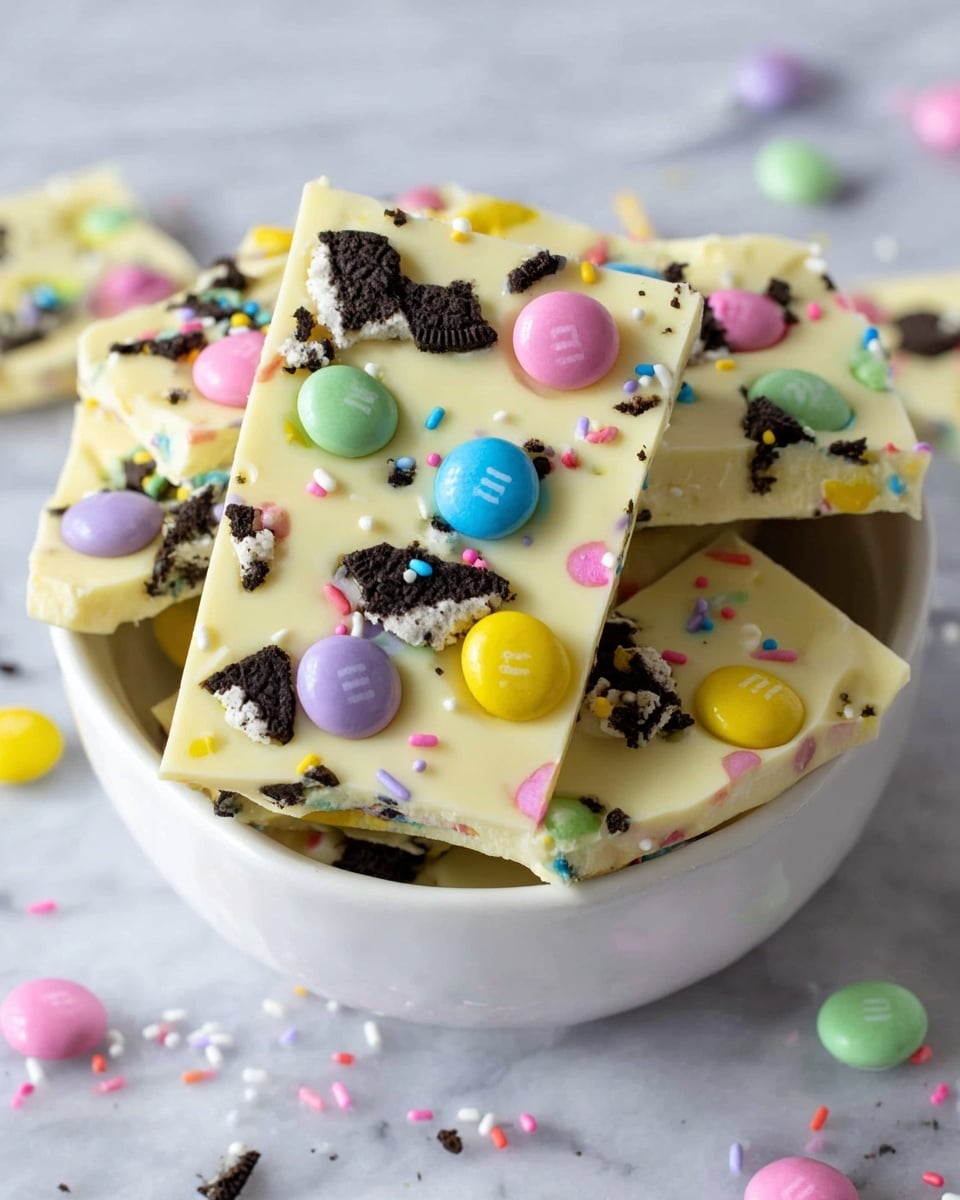 The image shows several pieces of white chocolate bark stacked in a white bowl. The bark has three main layers visible: a smooth, creamy white chocolate base, topped with colorful M&M candies in pastel green, pink, yellow, blue, and purple, and sprinkled with small bits of dark cookie pieces and multicolored sprinkles in pink, yellow, blue, and green. The pieces are uneven and broken into large rectangles. The bowl is placed on a white marbled surface, with some cookie crumbs and a white chocolate bark piece nearby. Photo taken with an iphone --ar 4:5 --v 7