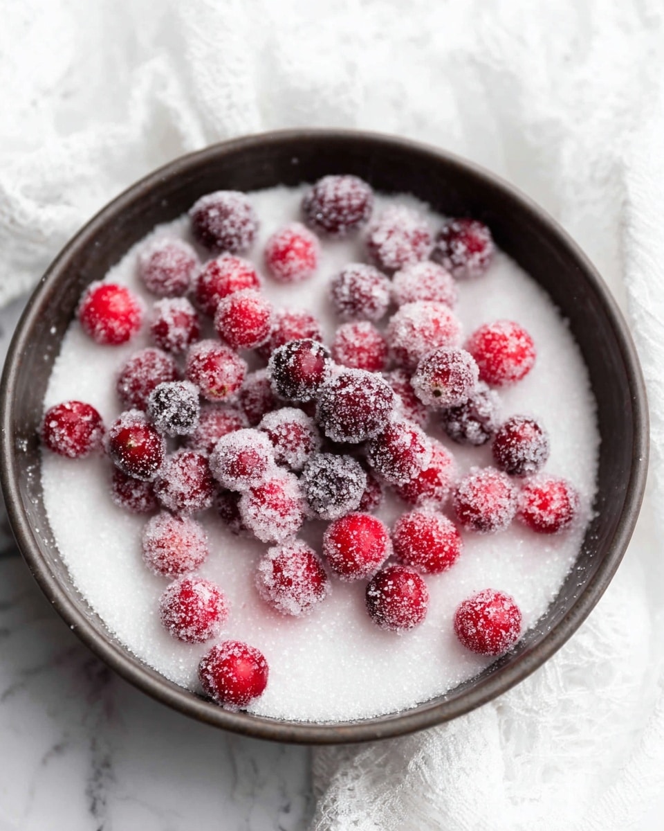 A round dark bowl filled with a layer of white granulated sugar on the bottom, topped with a single layer of bright red and purple cranberries covered in a sparkling coating of sugar crystals. The sugar on the cranberries makes them look frosted and textured, with some cranberries more dusted than others. The bowl is placed on a white marbled surface with parts of a white cloth visible nearby. Photo taken with an iphone --ar 4:5 --v 7