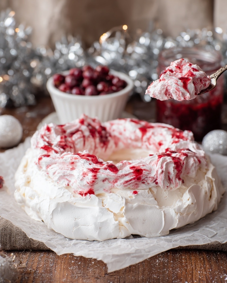 A round pavlova dessert sits on white parchment paper on a wooden surface, showing two layers: a thick, smooth white meringue base with a slightly cracked texture and a soft, fluffy white whipped cream topping swirled with streaks of bright red berry sauce spread unevenly over the top. In the background are a small white bowl of frosted red berries and a glass jar of red berry sauce with a spoon inside, with festive silver decorations blurred behind. A silver spoon with a scoop of the whipped cream and berry mixture is lifted above the pavlova. photo taken with an iphone --ar 4:5 --v 7