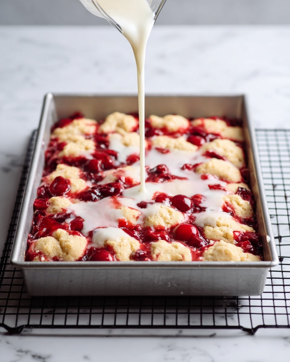 The image shows a rectangular metal baking tray with a dessert inside, placed on a cooling rack over a white marbled surface. The dessert has a bottom layer of bright red cherry filling with whole cherries visible, topped with uneven dollops of light golden dough that is baked but soft in texture. A white glaze is being poured over the dessert, pooling in some cherry spots and dripping slightly down the sides of the dough pieces. The red cherry filling contrasts with the pale golden dough and white glaze, creating a mix of smooth and textured surfaces. Photo taken with an iphone --ar 4:5 --v 7
