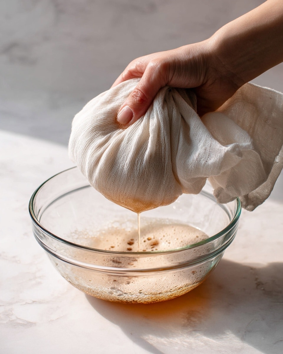 A woman’s hand is holding a white cloth bundle tightly over a clear glass bowl. A light brown liquid with foam and bubbles is dripping from the cloth bundle into the bowl. The whole scene is set on a smooth white marbled surface, with soft natural light shining on the textures of the cloth, hand, and liquid. The cloth looks thin and slightly wrinkled, and the glass bowl is clear, showing the foam forming inside it. photo taken with an iphone --ar 4:5 --v 7