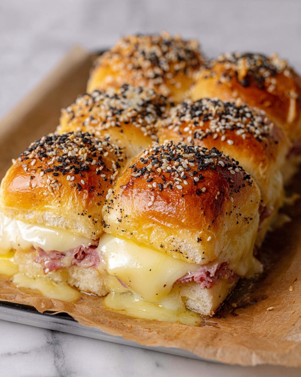 The image shows a sandwich made of six small golden brown rolls, each topped with a mix of white and black sesame seeds. The rolls form the top layer, which is shiny and slightly crispy. Below the rolls is a layer of melted pale yellow cheese that drips slightly down the sides. Under the cheese is a layer of finely chopped pink meat. The sandwich sits on brown parchment paper, laid over a white marbled surface. Photo taken with an iphone --ar 4:5 --v 7