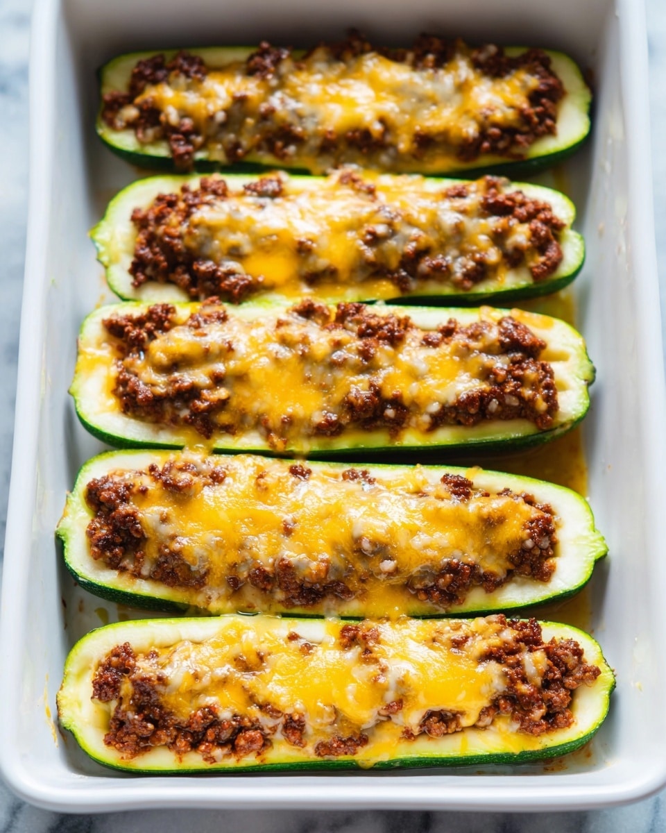 Two zucchini halves lie side by side on a white plate with a thin gold rim, each stuffed with a creamy, beige filling topped with melted, browned cheese that looks bubbly and slightly crispy. The filling has small bits of mushroom visible, and the zucchini edges show a fresh green color. The dish is garnished with finely chopped green herbs scattered over and around the zucchini. In the background, a white baking tray with more stuffed zucchinis can be seen on a dark wooden surface, alongside two whole fresh zucchinis and a zucchini flower placed on a white and blue patterned cloth. The setting is on a white marbled surface. Photo taken with an iphone --ar 4:5 --v 7