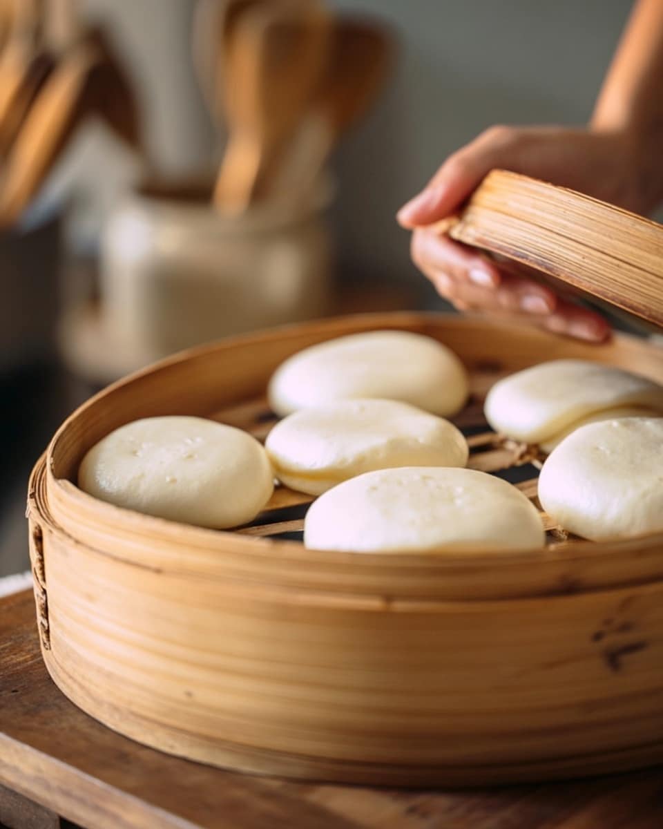 A close-up of a piece of dough folded over once around a bamboo stick, making two soft white layers with a slightly puffy texture. The dough looks smooth with some flour dust on top and is placed on a white marbled surface sprinkled lightly with flour. The bamboo stick is visible on both sides, thin and light brown, piercing through the dough at the fold. Photo taken with an iphone --ar 4:5 --v 7