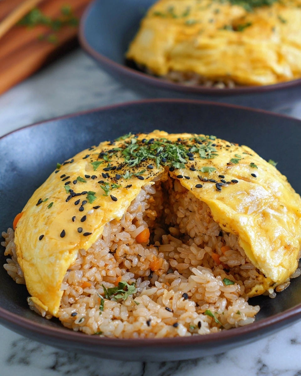 A dark blue bowl filled with a dome-shaped dish consisting of two main layers: a bottom layer of brownish cooked rice mixed with bits of vegetables, and a thick top layer of light yellow cooked egg omelette sprinkled with small green herbs and black sesame seeds. A section of the omelette is slightly peeled back, revealing the moist rice underneath. The bowl is placed on a white marbled surface, and a second bowl with the same dish is visible blurred in the background. photo taken with an iphone --ar 4:5 --v 7