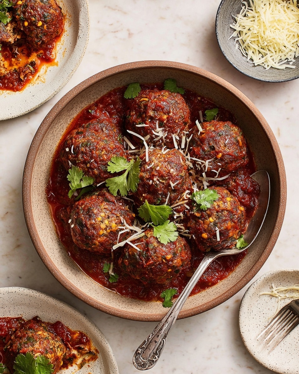A brown bowl filled with eight large, round meatballs covered in a thick, dark red tomato sauce with visible herbs and spices; the meatballs have a rough texture with bits of green and orange ingredients seen inside. On top of the meatballs and sauce are scattered shreds of white cheese and fresh, bright green cilantro leaves. A silver spoon with an ornate handle rests inside the bowl, partly under one meatball. Around the bowl are two white plates on a white marbled surface: one plate holding a partially eaten meatball with sauce and a fork, the other plate showing a small amount of sauce. A small gray bowl at the top right contains more shredded white cheese. The scene is warmly lit, showing appealing textures and colors. photo taken with an iphone --ar 4:5 --v 7