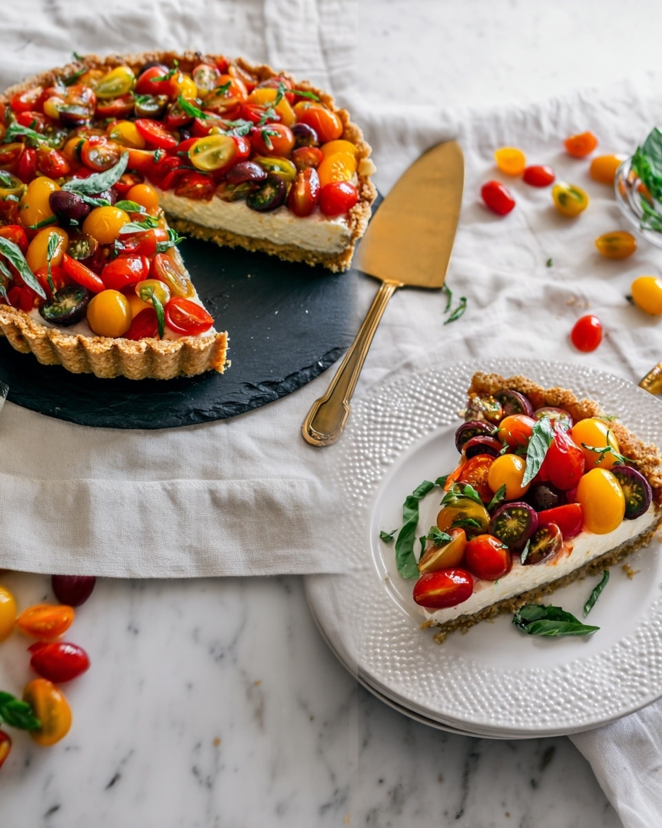 The dish is a tart with three layers, starting with a golden-brown, crumbly crust at the bottom, followed by a creamy off-white layer in the middle, and topped with a colorful mix of red, yellow, and dark purple halved cherry tomatoes sprinkled with thin, fresh green basil strips. The tart is set on a black slate board next to a large gold pie server. A slice of the tart is placed on a white textured plate resting on a white cloth on a white marbled surface, with some stray tomato pieces and greens around it. photo taken with an iphone --ar 4:5 --v 7