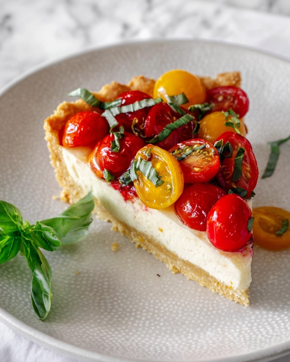 The image shows one slice of a tart with three visible layers. The bottom crust is light golden brown and looks crisp. Above it is a thick, creamy white layer, smooth in texture. The top layer is a mix of halved red and yellow cherry tomatoes that are shiny and juicy, scattered unevenly. Small green basil leaves are sprinkled around and on top of the tomatoes, adding contrast. The slice is placed on a white plate with a subtle textured rim, and the surface underneath has a white marbled texture. A green basil sprig rests near the tart slice. photo taken with an iphone --ar 4:5 --v 7