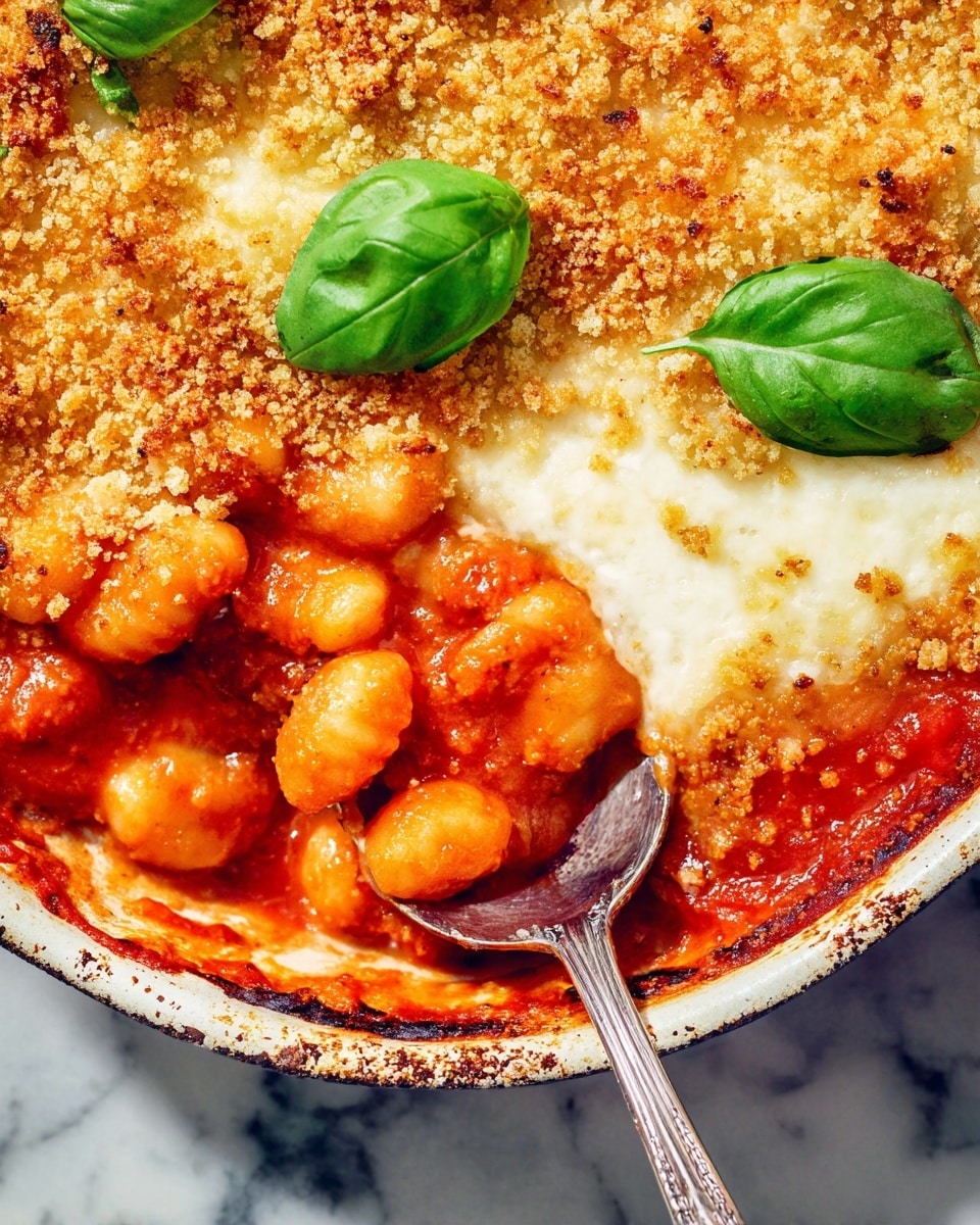 This image shows a close-up of a tomato gnocchi bake in a white pan resting on a white marbled surface. The bottom layer is made up of bright red tomato sauce with soft, plump gnocchi coated in it. On the right side, there is a thick layer of melted white cheese that appears smooth and creamy. A top layer of golden brown crispy breadcrumbs is scattered over the cheese, giving a crunchy texture. Two fresh green basil leaves are placed on top, adding a pop of color. A silver spoon is scooping some of the gnocchi from the tomato sauce, with the edge of the pan showing some tomato sauce marks. photo taken with an iphone --ar 4:5 --v 7