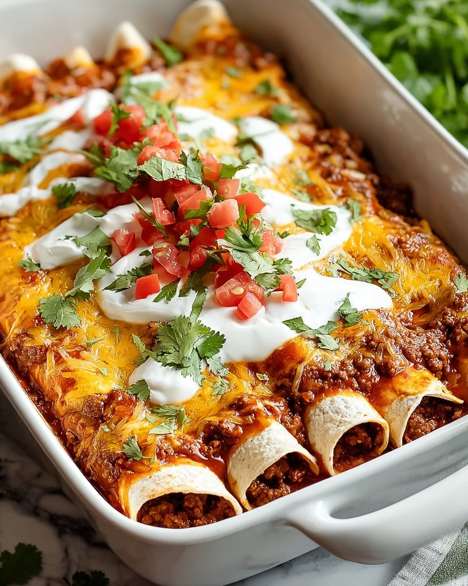 This image shows a white baking dish filled with rolled tortillas. The bottom layer is chunky, brown cooked meat in a rich red sauce. On top of the meat are the tortillas, each rolled and placed side by side, covered with melted yellow and white cheese that looks soft and slightly browned in spots. A thick line of smooth, white cream sits on the middle of the tortillas, topped with bright green chopped cilantro and small red diced tomatoes. The dish rests on a white marbled surface with some blurred green leaves visible on the side. Photo taken with an iphone --ar 4:5 --v 7