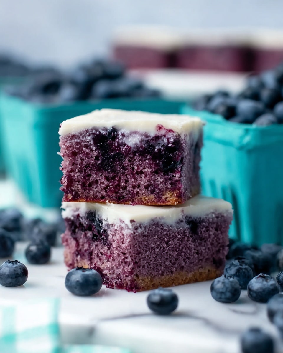 The image shows a square piece of blueberry cake with two visible layers: a thick, moist, purple cake layer on the bottom and a thin, smooth white icing layer on top. Behind the single piece, there is a white plate stacked with multiple similar square pieces, all showing the same two layers. Around the plate and on the white marbled surface, fresh blueberries are scattered, adding a dark blue color contrast. A green basket filled with blueberries can be seen in the background. Photo taken with an iphone --ar 4:5 --v 7