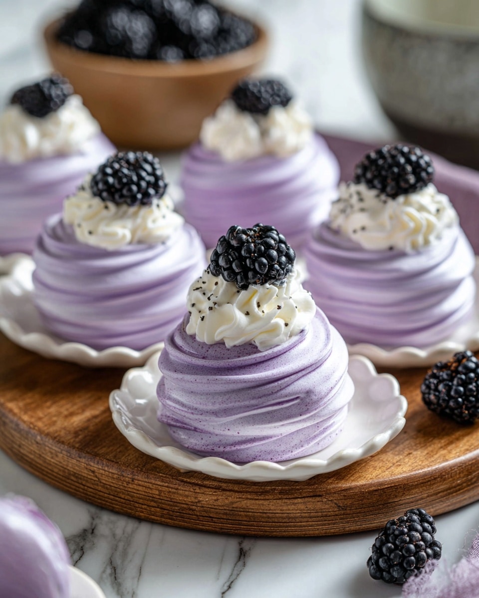 The image shows five light purple meringue nests with a smooth, swirled texture, each topped with a swirl of white cream and fresh blackberries; three meringues are placed on a white scalloped plate, which sits on a wooden round board, while two meringues rest directly on a white marbled surface, and a bowl of blackberries sits blurred in the background. photo taken with an iphone --ar 4:5 --v 7