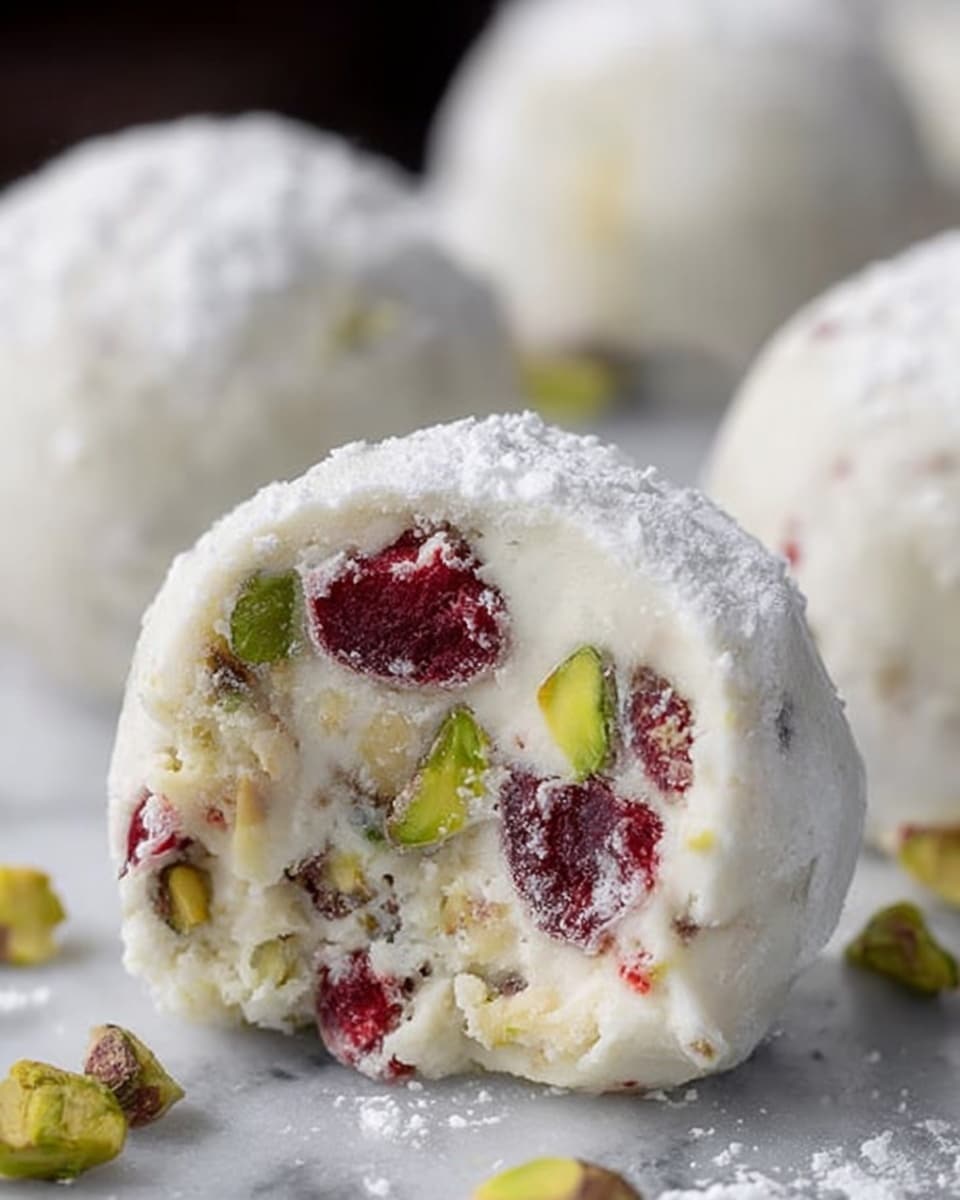 The image shows a close-up of a round white ball-shaped dessert coated with fine white powder, sitting on a white marbled surface. The dessert has a smooth and creamy texture with visible embedded pieces of bright red cherries and green pistachios inside. The outer layer is solid and matte, while the filling looks soft and slightly crumbly with chunks of nuts and fruit spread evenly throughout. In the background, there are blurred similar white balls. Photo taken with an iphone --ar 4:5 --v 7