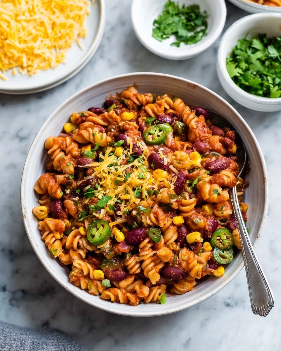 The image shows a white bowl filled with cooked pasta mixed with a reddish sauce, kidney beans, corn, chopped red onions, and green jalapeño slices. There are some chopped fresh green herbs sprinkled on top and a little shredded yellow cheese adding contrast. A silver fork rests inside the bowl on the right side. In the background, there is a white plate with two small white bowls, one containing shredded yellow cheese and the other a green herb, all placed on a white marbled surface. Photo taken with an iphone --ar 4:5 --v 7