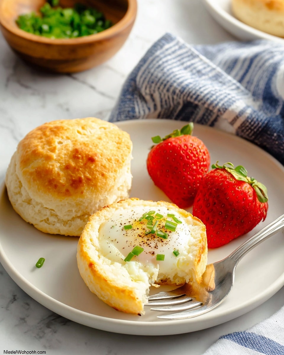 A white plate holds a soft biscuit with a light golden-brown top, split open to reveal its fluffy inside. In front of the biscuit is a fried egg with a white, slightly crispy edge and a runny, bright yellow yolk oozing out, topped with small green chive pieces and a sprinkle of black pepper. To the right of the egg are two fresh strawberries with green leaves, adding a bright red color to the plate. The plate sits on a white marbled surface with a blue and white striped cloth partially visible in the background. Photo taken with an iphone --ar 4:5 --v 7