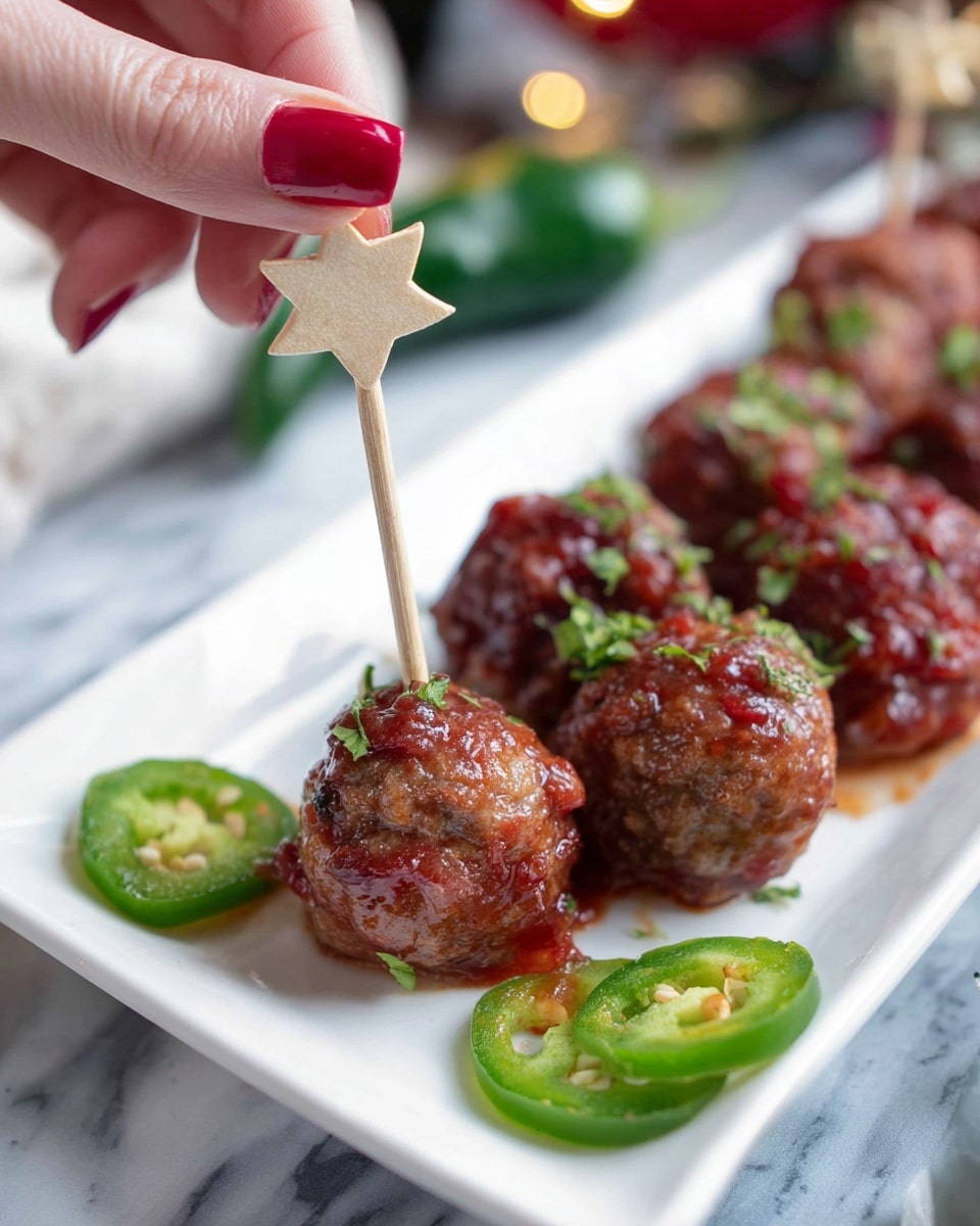 A close-up view of a white rectangular plate with two wooden skewers each holding two shiny brown meatballs coated in a red sauce, garnished with small green herb flakes. The plate also shows slices of green jalapeño with visible seeds placed near the meatballs. A woman's hand with red nail polish holds the top of one skewer with a small wooden star on it. The background features a white marbled texture and some blurred green and red elements. photo taken with an iphone --ar 4:5 --v 7